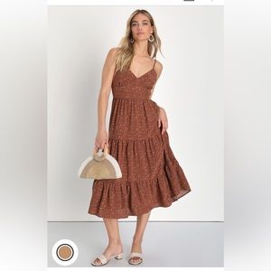 NWT Lulus Essentially Adorable Brown Floral Print Tiered Midi Dress